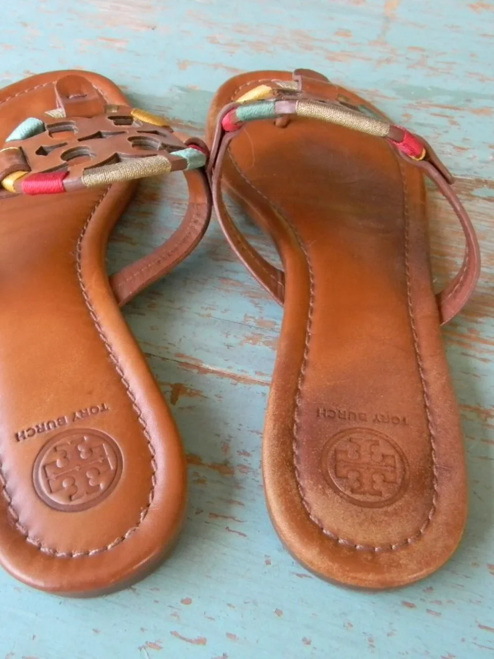 Tory Burch Embroidered Rainbow BROWNLEATHER Miller Sandals  Size 9M